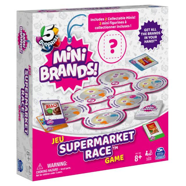 5 Surprise Mini Brands Supermarket Race Board Game with 2 Collectible Movers