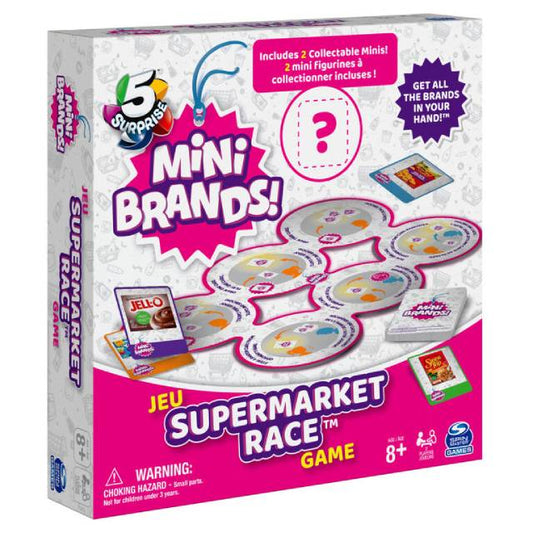 5 Surprise Mini Brands Supermarket Race Board Game with 2 Collectible Movers